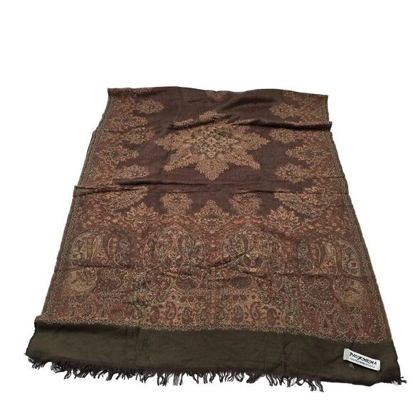 Pashmina Scarf Brown Silk Fringe Rectangle Wrap Boho Paisley 27X69 - Picture 4 of 12